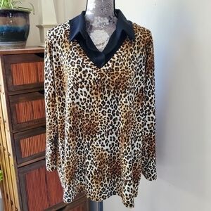 Kim & Cami layered look leopard knit shirt Plus 2X